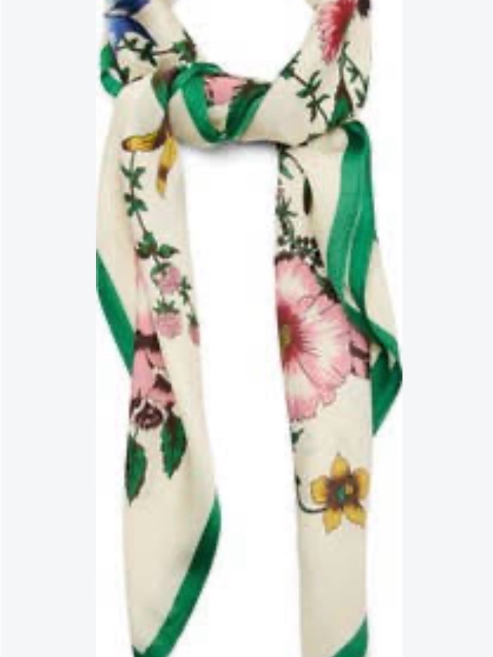 Mango Cream Silk Scarf with Green Border and Pink Floral Print